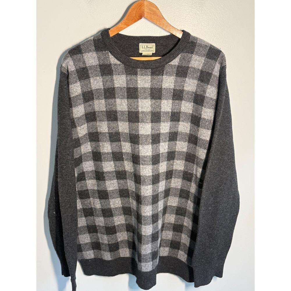 LL Bean Mens XL Lambswool Crewneck Sweater Gray Plaid Check Pullover 291638